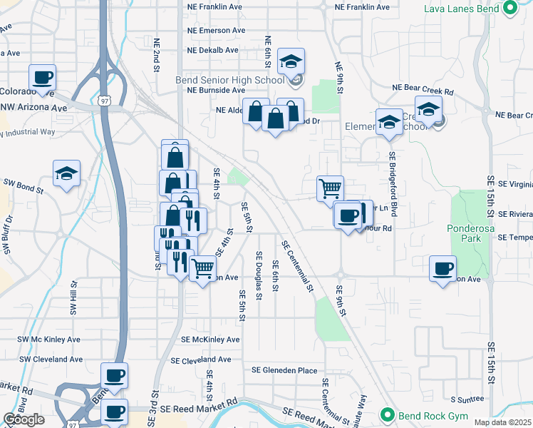 map of restaurants, bars, coffee shops, grocery stores, and more near 535 Southeast Centennial Street in Bend