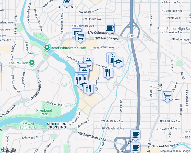 map of restaurants, bars, coffee shops, grocery stores, and more near 205 Southwest Log Court in Bend