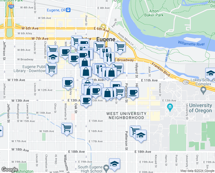 map of restaurants, bars, coffee shops, grocery stores, and more near 388 East 11th Avenue in Eugene