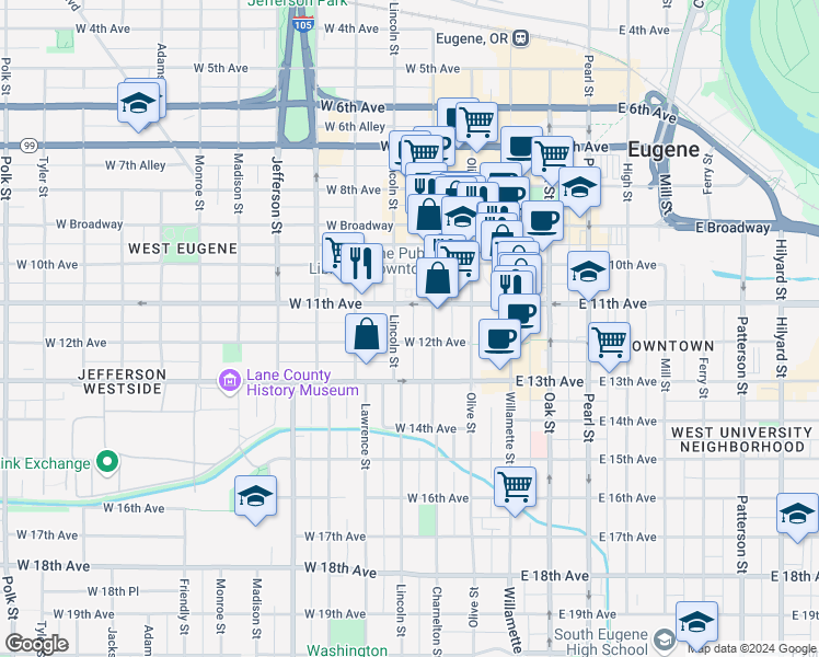 map of restaurants, bars, coffee shops, grocery stores, and more near 1100 Charnelton Street in Eugene