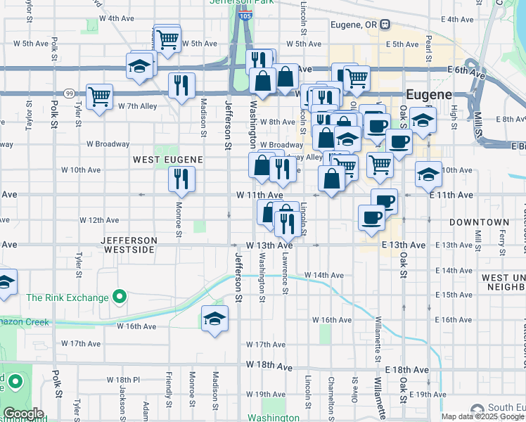 map of restaurants, bars, coffee shops, grocery stores, and more near 1104 Washington Street in Eugene
