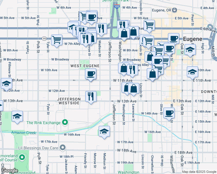 map of restaurants, bars, coffee shops, grocery stores, and more near 1108 Jefferson Street in Eugene