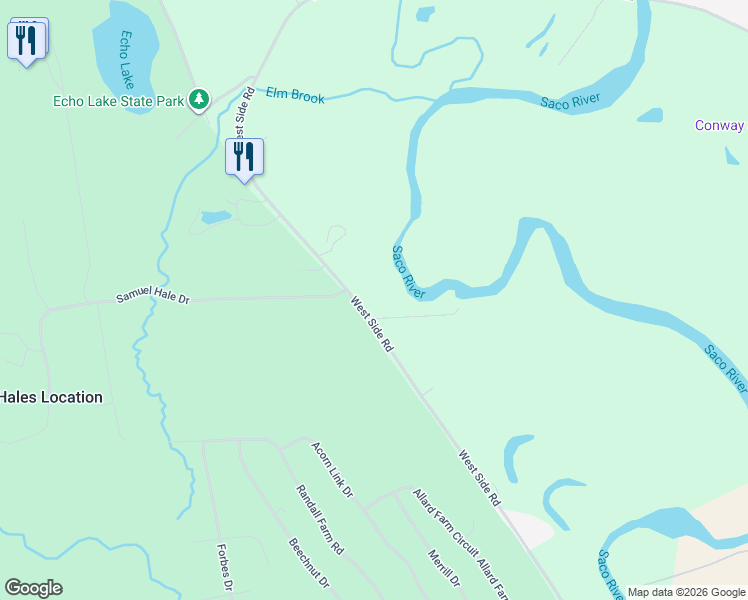 map of restaurants, bars, coffee shops, grocery stores, and more near 2237 West Side Road in Conway
