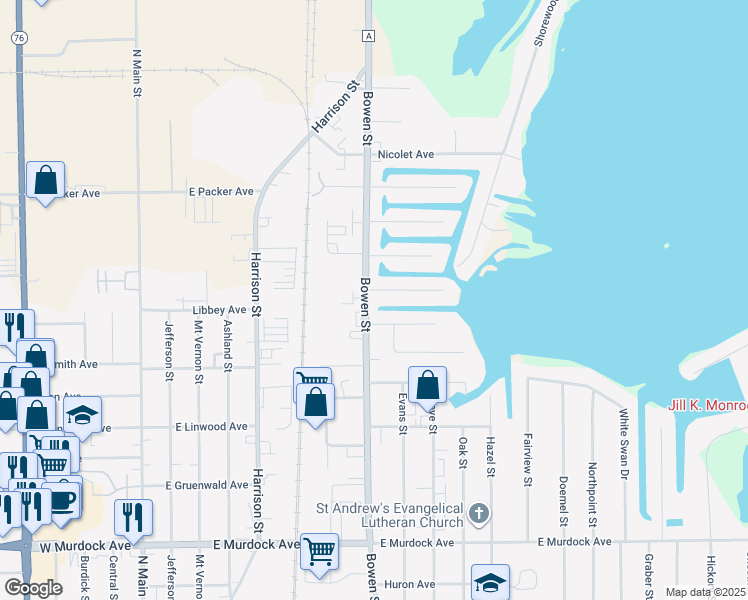 map of restaurants, bars, coffee shops, grocery stores, and more near 824 Anchorage Court in Oshkosh