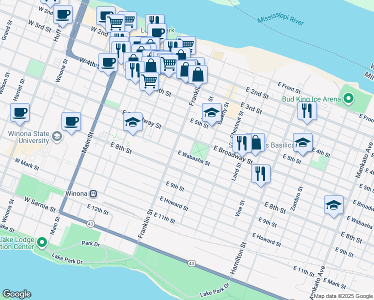 map of restaurants, bars, coffee shops, grocery stores, and more near 277 East Broadway Street in Winona
