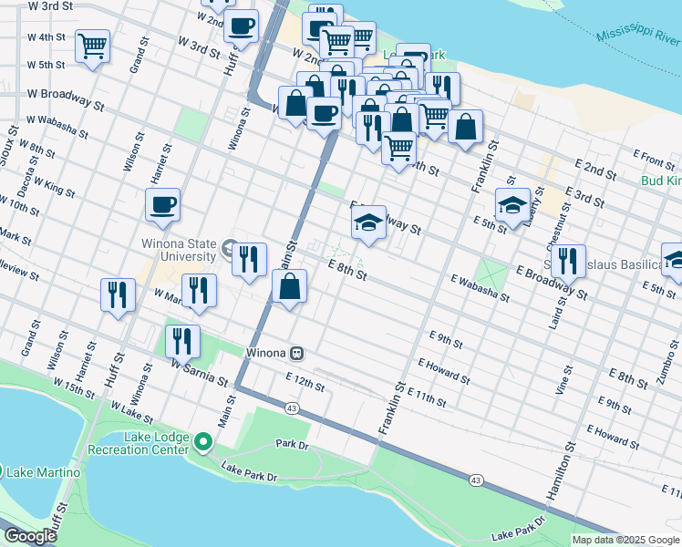 map of restaurants, bars, coffee shops, grocery stores, and more near 74 East 8th Street in Winona