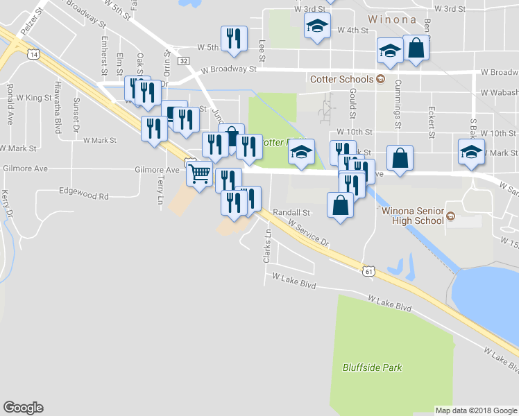 map of restaurants, bars, coffee shops, grocery stores, and more near U.S Highway 61 in Winona