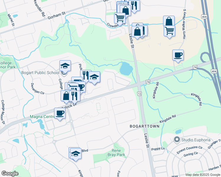 map of restaurants, bars, coffee shops, grocery stores, and more near Gordon Circle in Newmarket