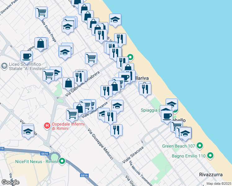 map of restaurants, bars, coffee shops, grocery stores, and more near 1 Viale Pesaro in Rimini