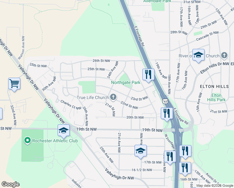 map of restaurants, bars, coffee shops, grocery stores, and more near 2213 23rd Street Northwest in Rochester