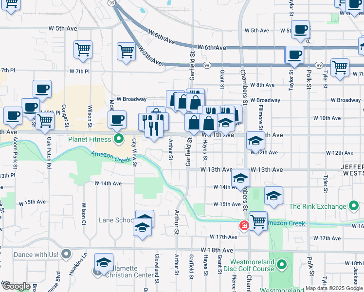 map of restaurants, bars, coffee shops, grocery stores, and more near 1990 West 11th Avenue in Eugene