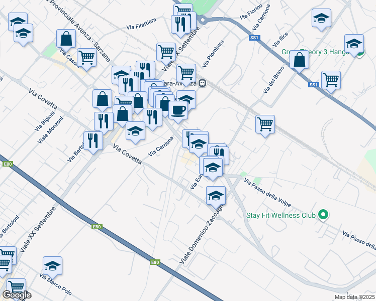 map of restaurants, bars, coffee shops, grocery stores, and more near Via L. Farini in Carrara
