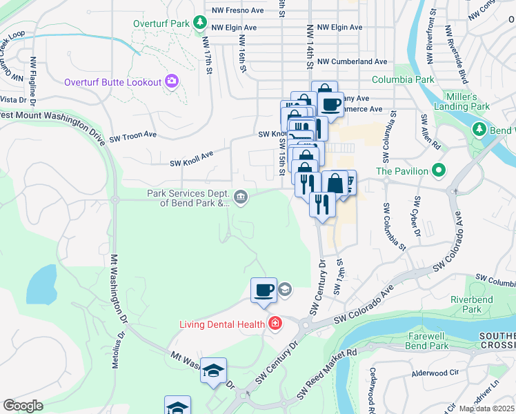 map of restaurants, bars, coffee shops, grocery stores, and more near 1675 Southwest Simpson Avenue in Bend