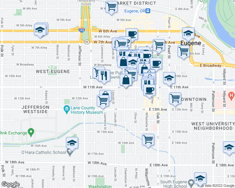 map of restaurants, bars, coffee shops, grocery stores, and more near 1160 Charnelton Alley in Eugene
