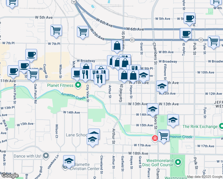map of restaurants, bars, coffee shops, grocery stores, and more near 2090 Oregon 126 in Eugene