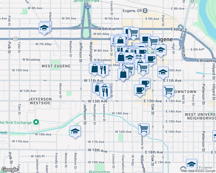 map of restaurants, bars, coffee shops, grocery stores, and more near 325 West 12th Avenue in Eugene