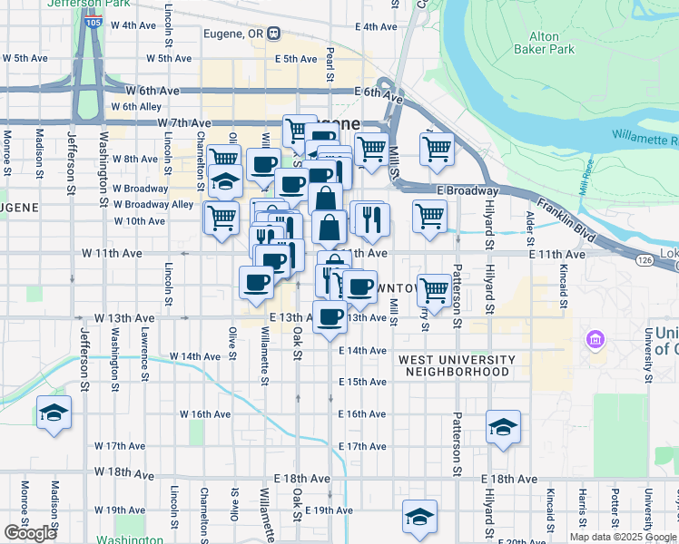 map of restaurants, bars, coffee shops, grocery stores, and more near 180 East 11th Avenue in Eugene