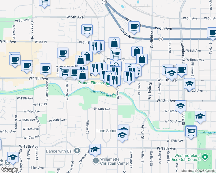 map of restaurants, bars, coffee shops, grocery stores, and more near 2370 West 11th Avenue in Eugene
