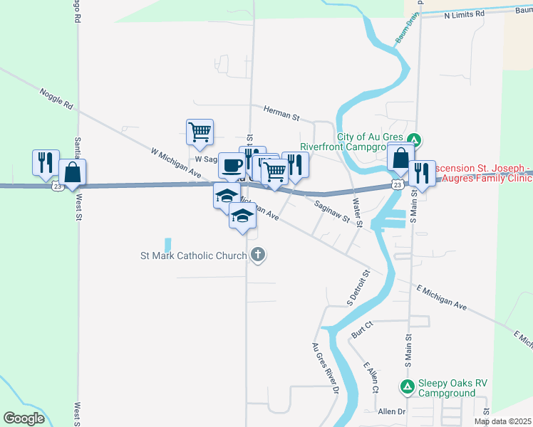 map of restaurants, bars, coffee shops, grocery stores, and more near 200 East Michigan Avenue in Au Gres