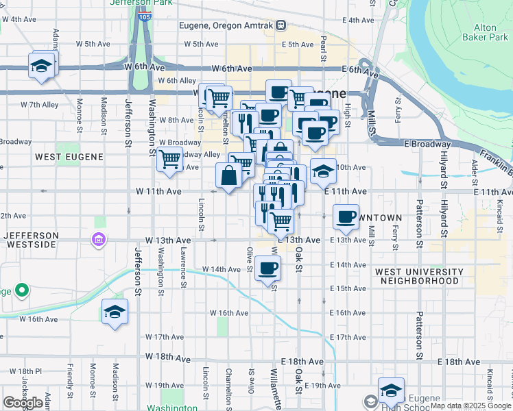 map of restaurants, bars, coffee shops, grocery stores, and more near 100 West 11th Avenue in Eugene
