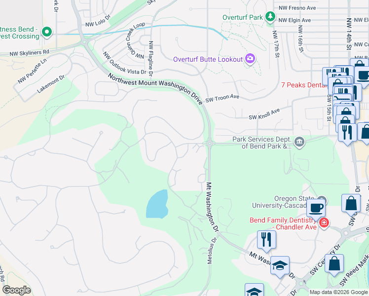 map of restaurants, bars, coffee shops, grocery stores, and more near 19595 Simpson in Bend