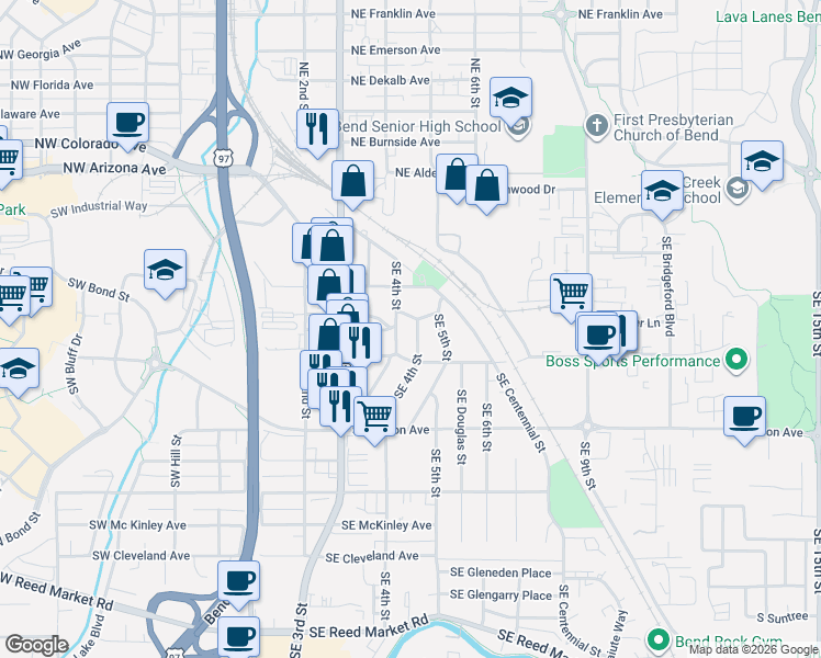 map of restaurants, bars, coffee shops, grocery stores, and more near 305 Southeast 5th Street in Bend