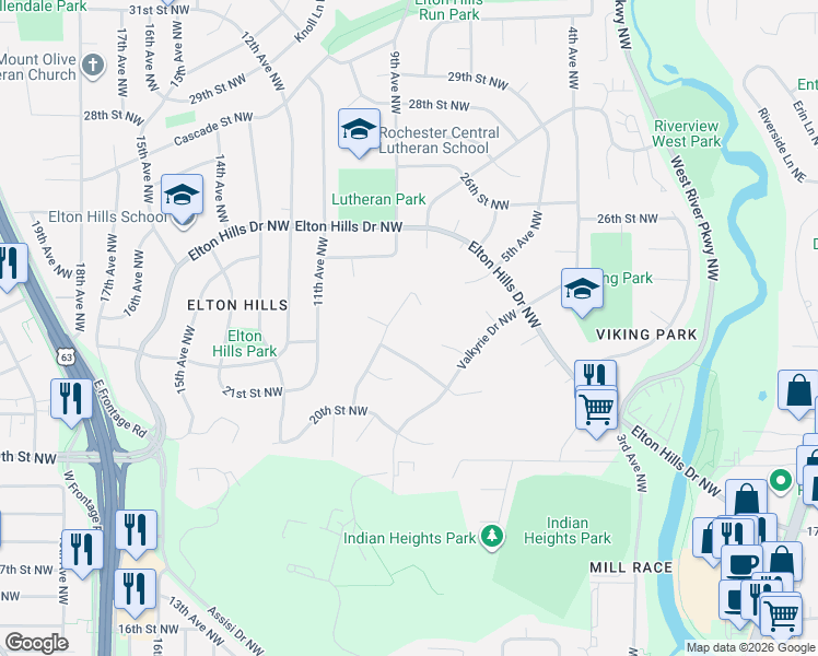 map of restaurants, bars, coffee shops, grocery stores, and more near 2237 Telemark Lane Northwest in Rochester