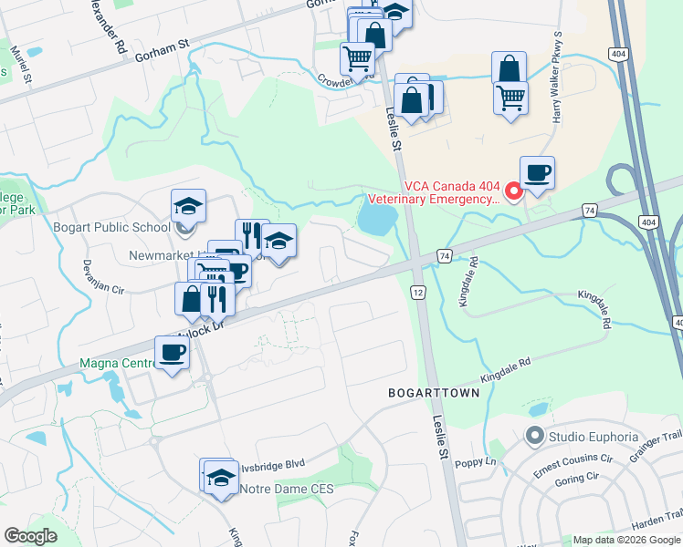 map of restaurants, bars, coffee shops, grocery stores, and more near 51 Gordon Circle in Newmarket
