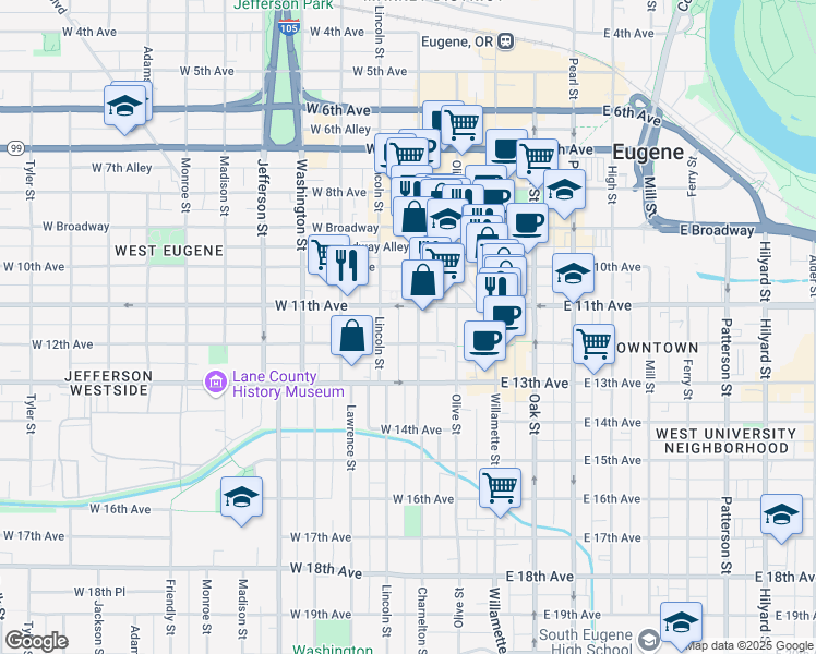 map of restaurants, bars, coffee shops, grocery stores, and more near 1100 Charnelton Street in Eugene