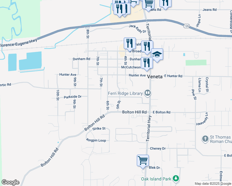 map of restaurants, bars, coffee shops, grocery stores, and more near 88057 6th Street in Veneta