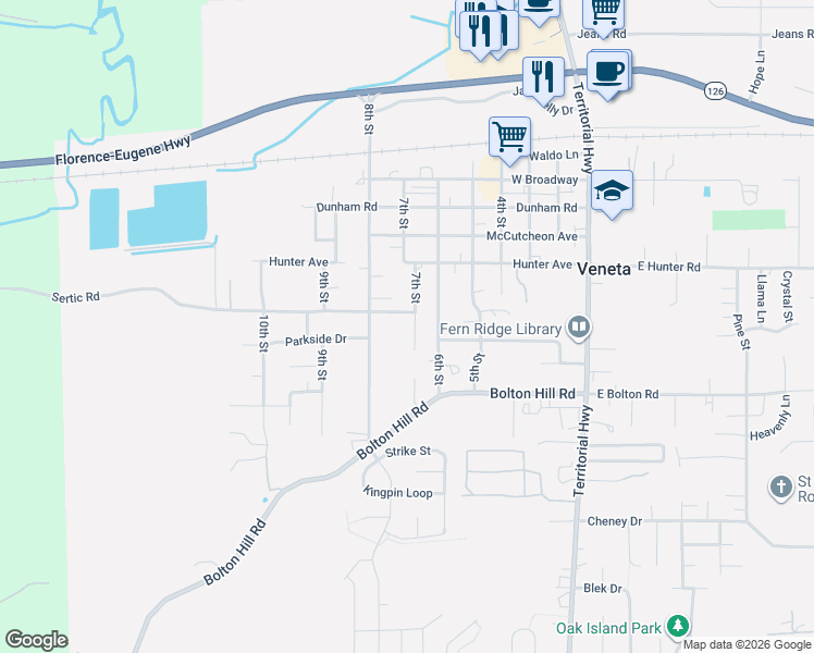map of restaurants, bars, coffee shops, grocery stores, and more near 24874 Sertic Road in Veneta