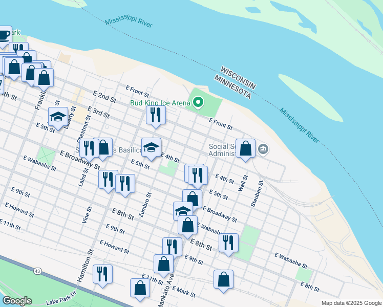 map of restaurants, bars, coffee shops, grocery stores, and more near 720 East 3rd Street in Winona