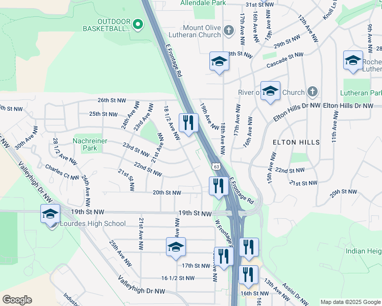 map of restaurants, bars, coffee shops, grocery stores, and more near 1844 24th Street Northwest in Rochester