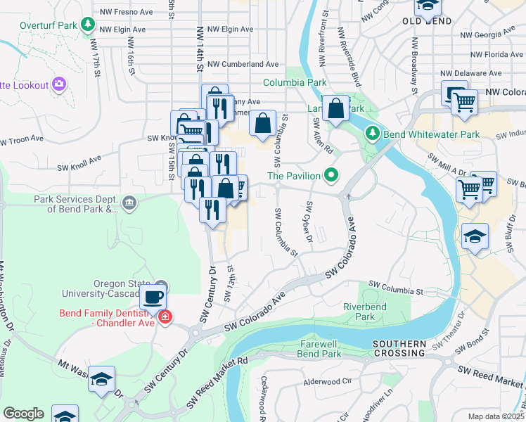 map of restaurants, bars, coffee shops, grocery stores, and more near 213 Southwest Columbia Street in Bend