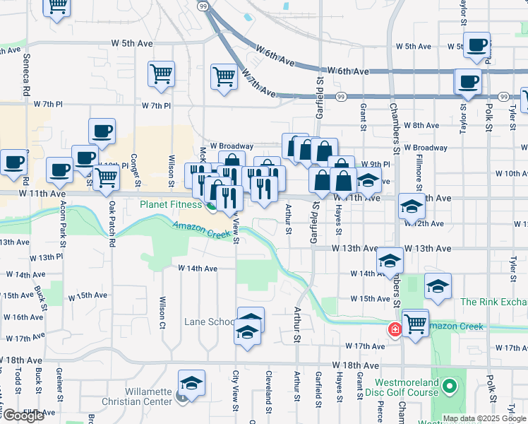 map of restaurants, bars, coffee shops, grocery stores, and more near 2090 West 11th Avenue in Eugene