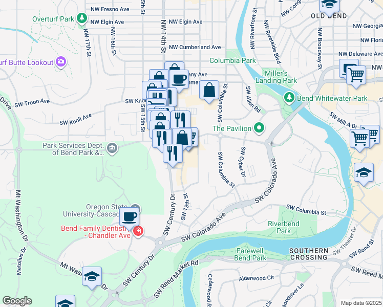 map of restaurants, bars, coffee shops, grocery stores, and more near 213 Southwest Columbia Street in Bend