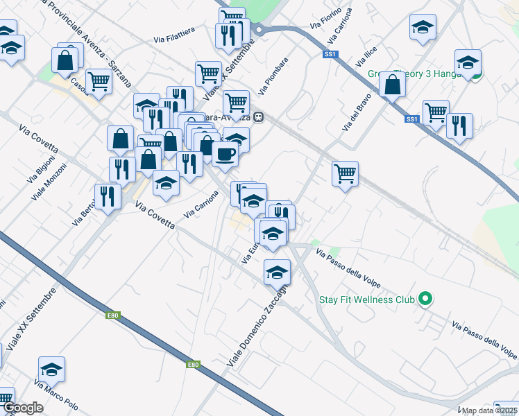 map of restaurants, bars, coffee shops, grocery stores, and more near Via Farini in Carrara