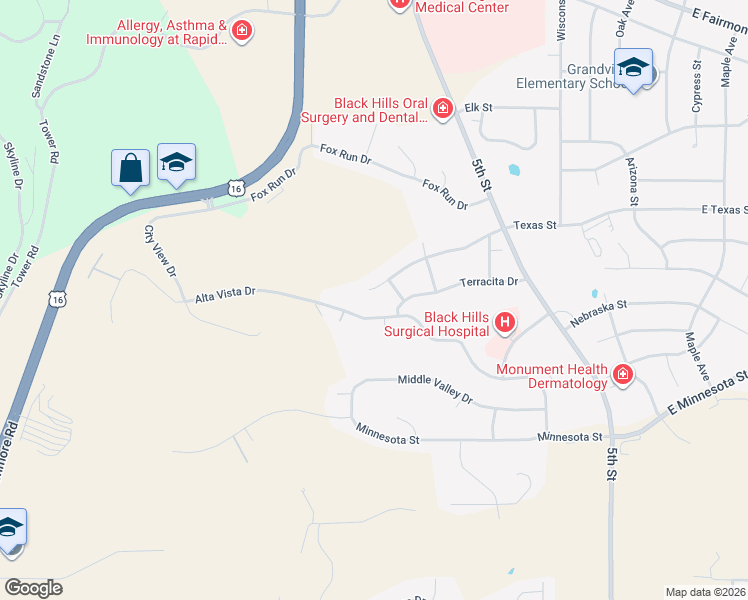 map of restaurants, bars, coffee shops, grocery stores, and more near 3839 La Salva Dr in Rapid City