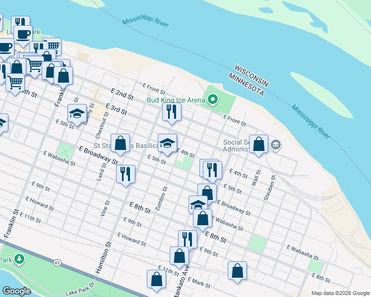 map of restaurants, bars, coffee shops, grocery stores, and more near 667 East 3rd Street in Winona
