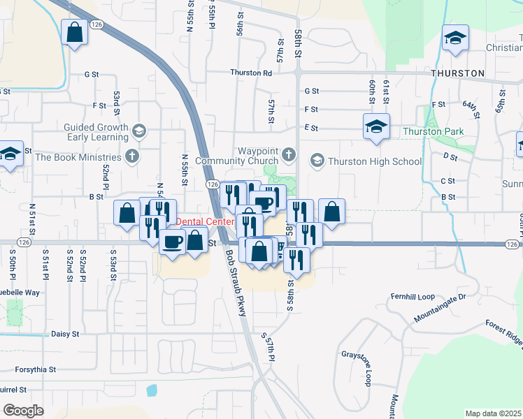 map of restaurants, bars, coffee shops, grocery stores, and more near 5736 A Street in Springfield