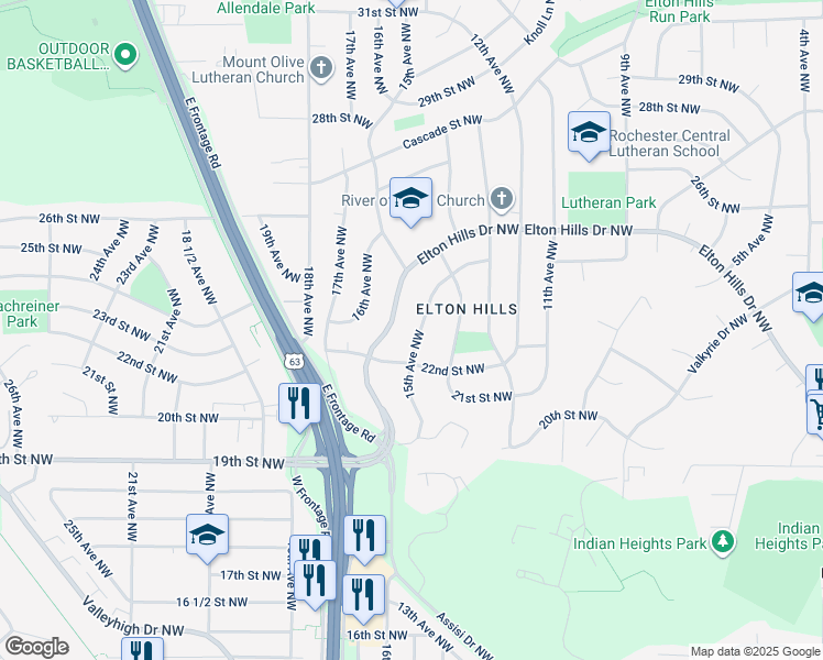 map of restaurants, bars, coffee shops, grocery stores, and more near 2225 15th Avenue Northwest in Rochester