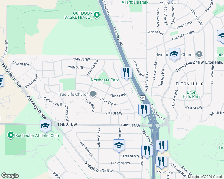 map of restaurants, bars, coffee shops, grocery stores, and more near 2108 24th Street Northwest in Rochester