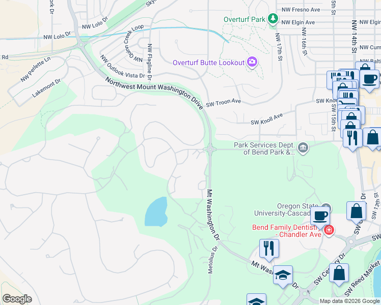 map of restaurants, bars, coffee shops, grocery stores, and more near 19595 Simpson in Bend