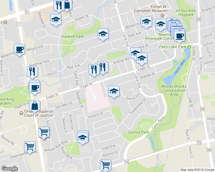 map of restaurants, bars, coffee shops, grocery stores, and more near 241 Andrew Street in Newmarket