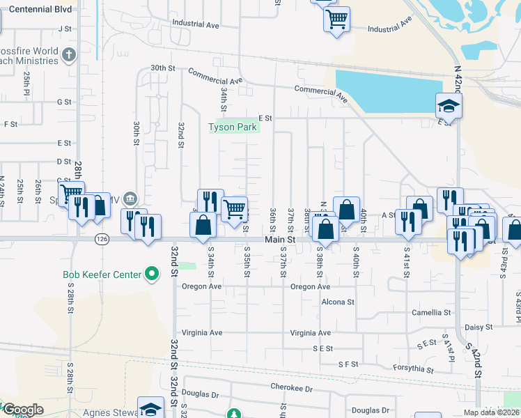 map of restaurants, bars, coffee shops, grocery stores, and more near 281 North 35th Court in Springfield