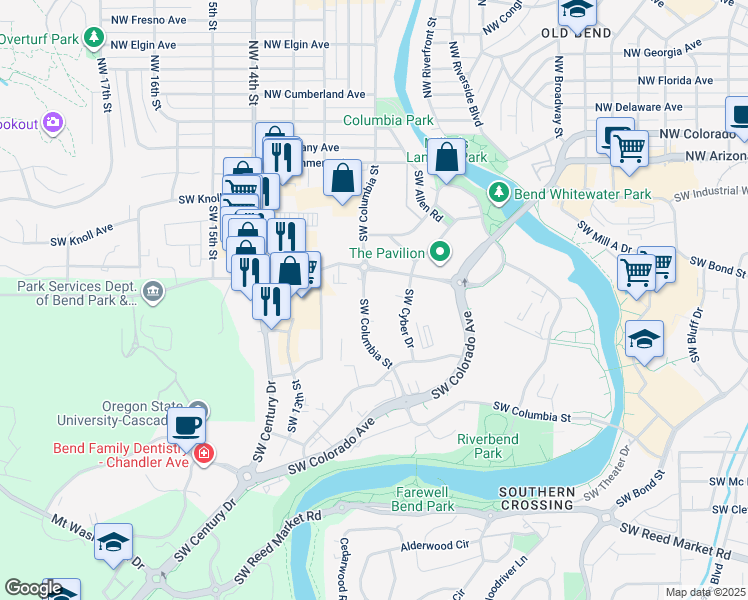map of restaurants, bars, coffee shops, grocery stores, and more near 296 Southwest Columbia Street in Bend