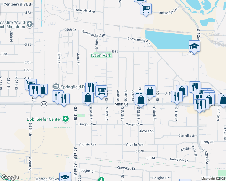 map of restaurants, bars, coffee shops, grocery stores, and more near 281 North 35th Court in Springfield