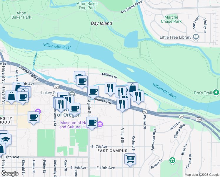 map of restaurants, bars, coffee shops, grocery stores, and more near 1805 Garden Avenue in Eugene