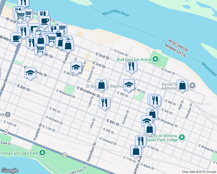 map of restaurants, bars, coffee shops, grocery stores, and more near 523 East 4th Street in Winona