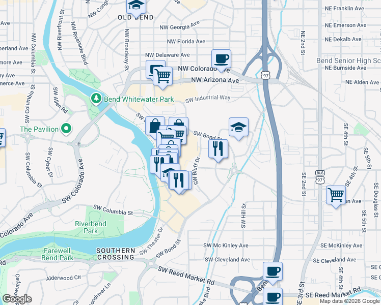 map of restaurants, bars, coffee shops, grocery stores, and more near 320 Southwest Powerhouse Drive in Bend